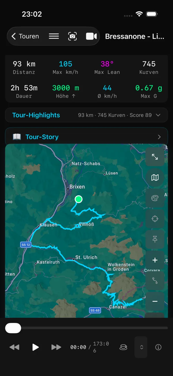 Kurvenfokus auf iOS: Touren-Dashboard mit Fahrdaten und Strecke auf der Karte