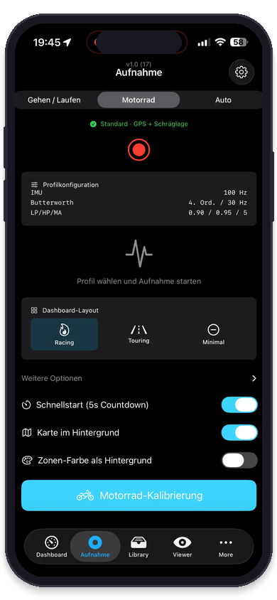 MotionRecord auf iOS: Aufnahmeansicht mit Profilwahl, Sensoreinstellungen und Kalibrierung