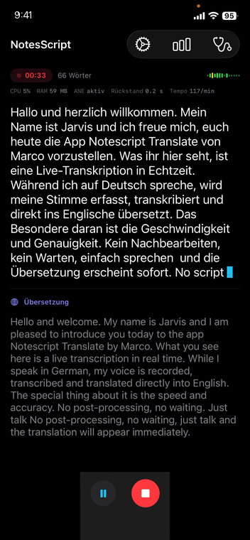 NotesScript Translate: Ansicht der Live-Mitschrift und Übersetzung